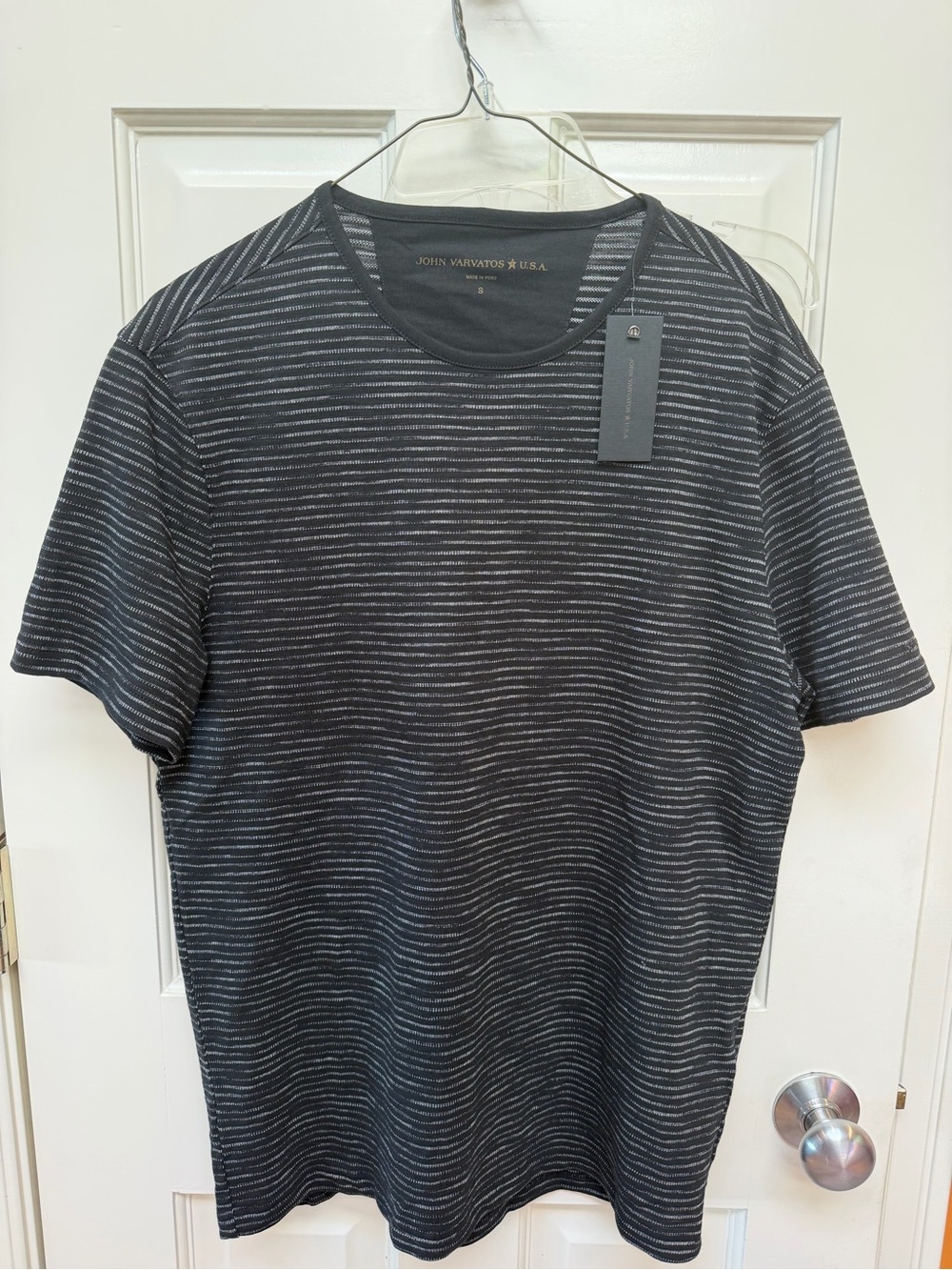 John Varvatos Black and Gray Striped Short-Sleeve Crewneck Tee